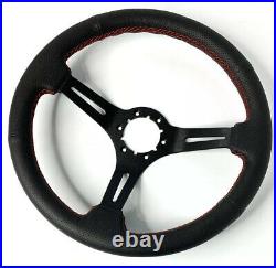 14 Black Perforated 6 Hole Steering Wheel with Ford Mustang Tri-Bar Horn Button