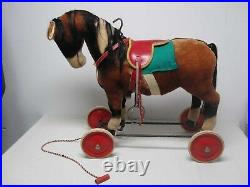 VINTAGE STEIFF RIDE ON MOHAIR HORSE with WHEELS, STEERING BAR & WHINNIES
