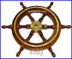 Vintage 24 Brass & Wood Ship Wheel Nautical Bar Decor Steering Boat